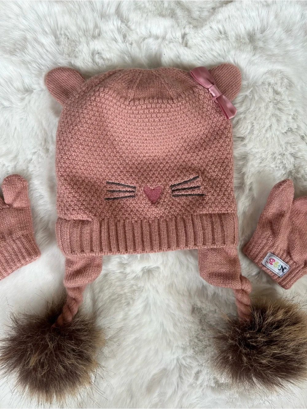 Toby NYGB Infant Pink Knit Cat Ear Hat with Matching Mittens 6-18 MOS